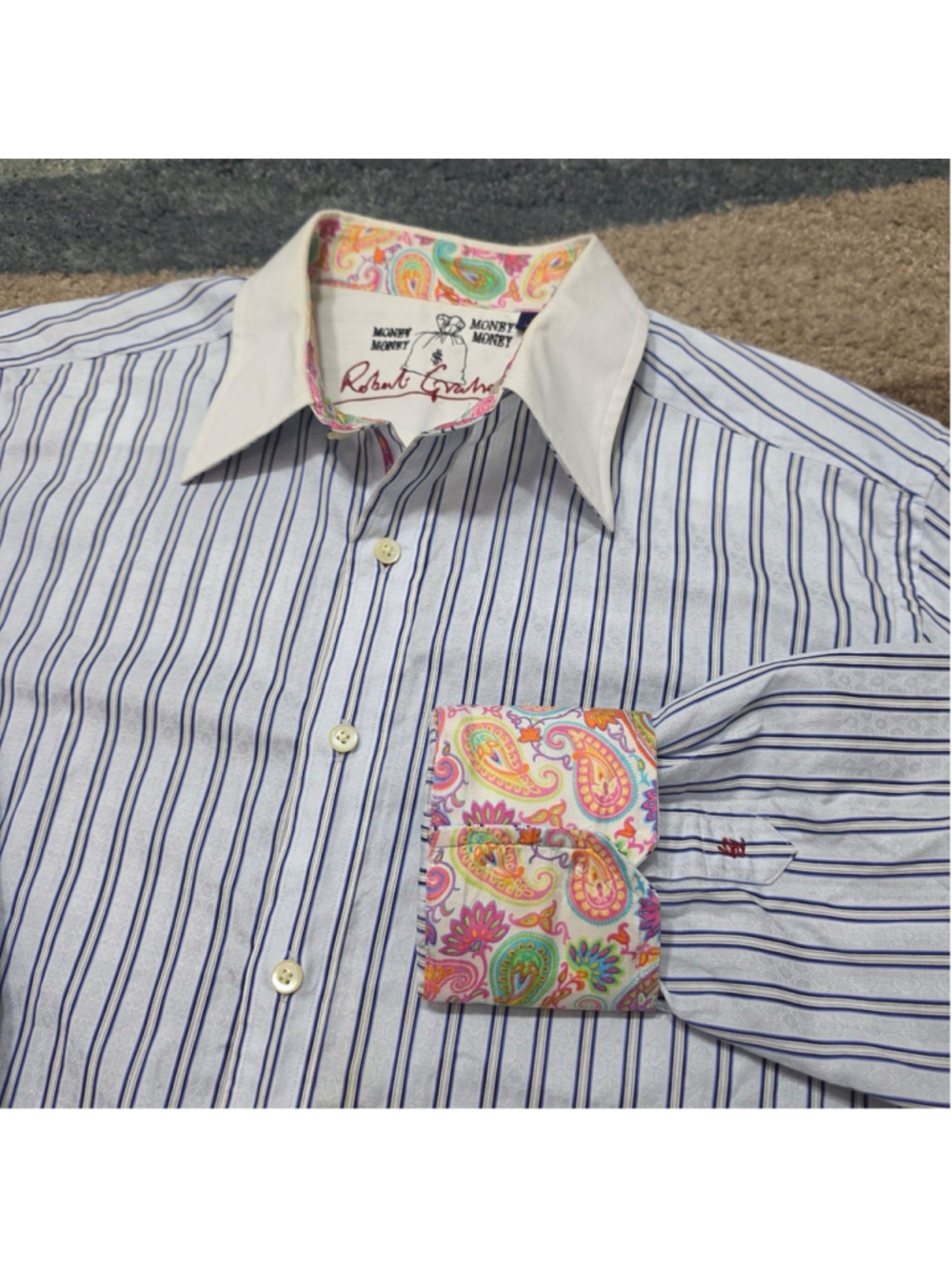 Robert Graham Striped Button Up Shirt Men’s Large Paisley Flip Cuff Blue Money